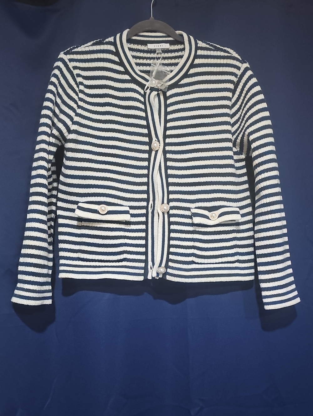 Sioni Navy and White Striped Knit Blazer
